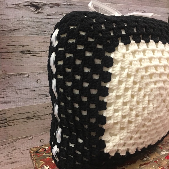 Handmade Black and White Granny Crochet -Style Throw Pillow - Picture 2 of 7